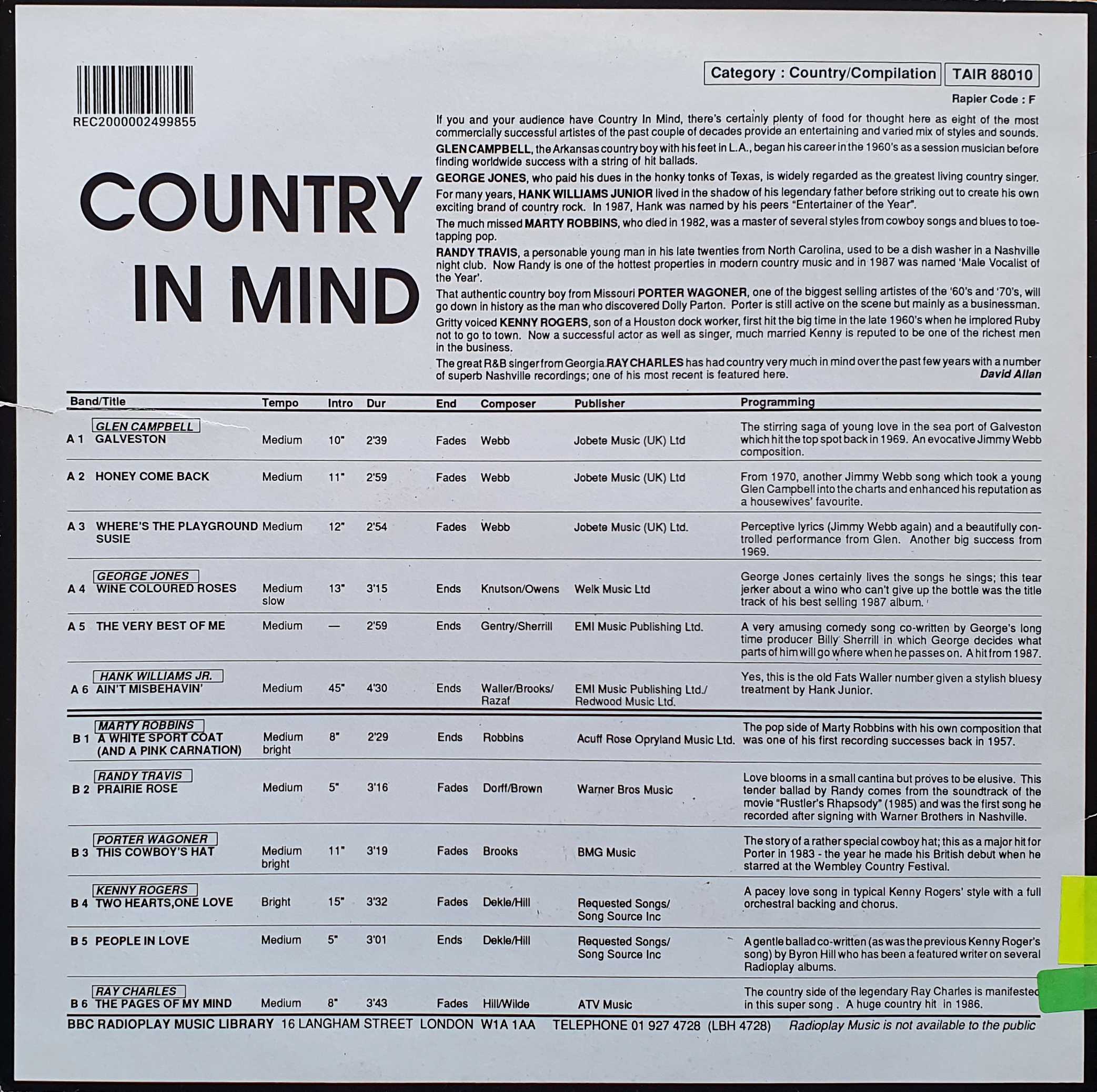 Picture of TAIR 88010 Country in mind by artist Various from the BBC records and Tapes library